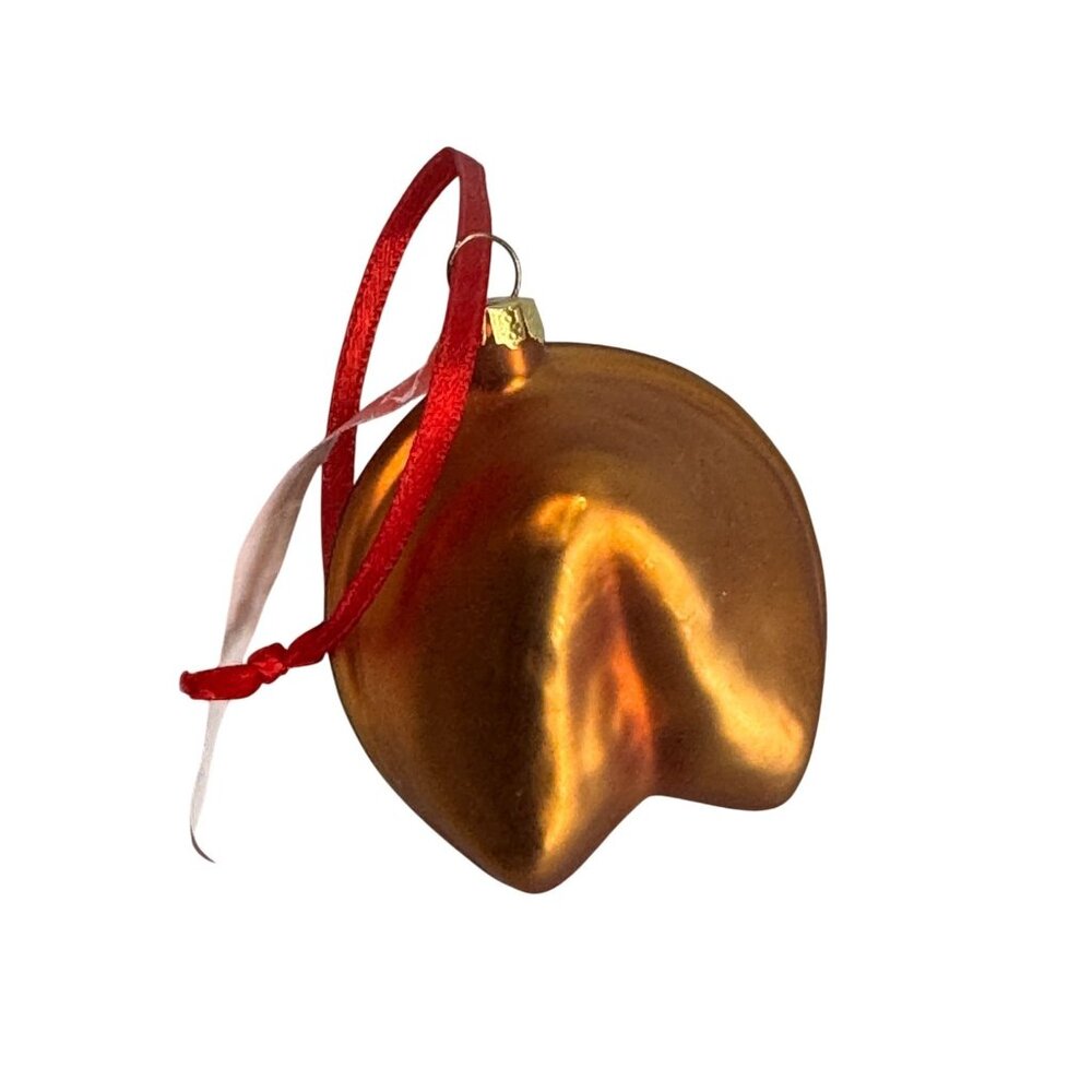 Chinese Fortune Cookie Blown Glass Ornament Gold Red Ribbon 2" - Picture 4 of 6
